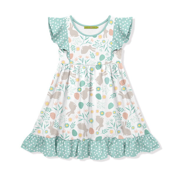 White & Mint Bunny Meadow Angel-Sleeve Dress