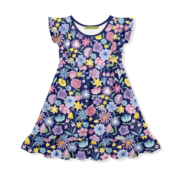 Navy Spring Floral Angel-Sleeve Dress