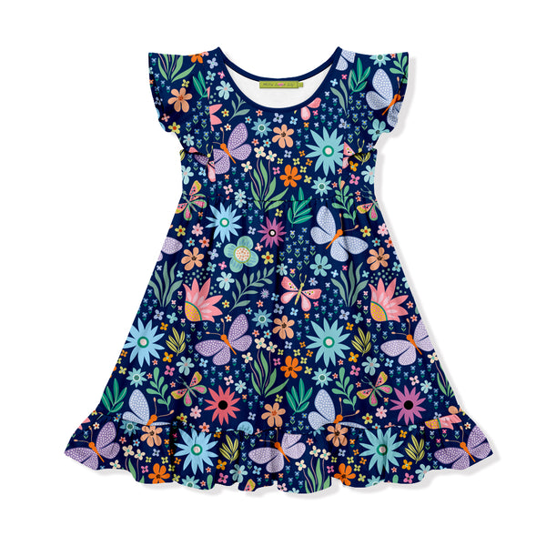 Navy Butterfly Floral Angel-Sleeve Dress