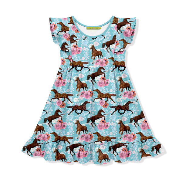 Aqua Horses & Poppies Angel-Sleeve Dress