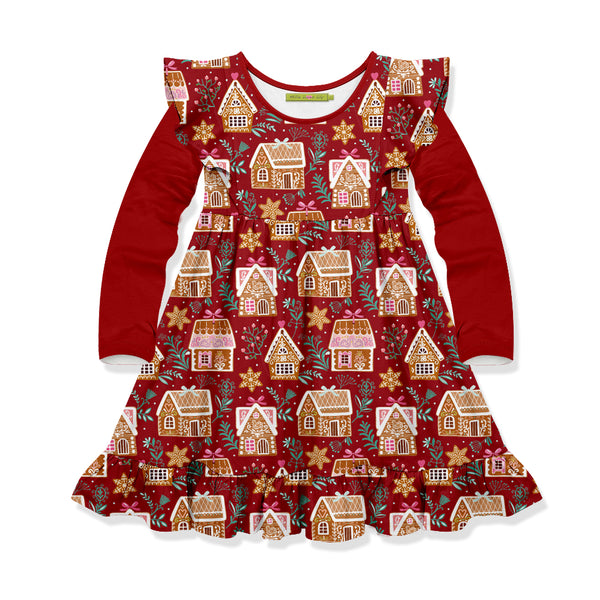 Red Christmas House Angel-Sleeve Dress