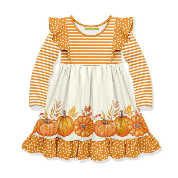 Marigold Pumpkin Border Angel-Sleeve Dress