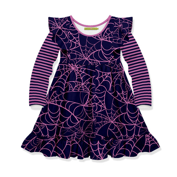 Kids Violet Spider Web Angel-Sleeve Dress