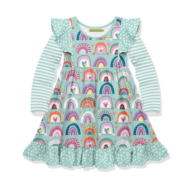 Kids Mint Rainbow Angel-Sleeve Dress