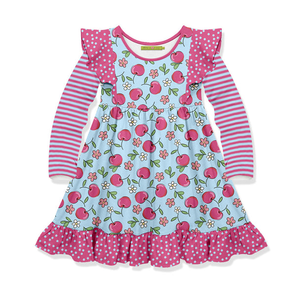 Kids Lt.Blue Cherries Angel-Sleeve Dress