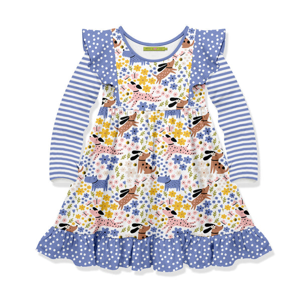Kids White Doggies&Flowers Angel-Sleeve Dress