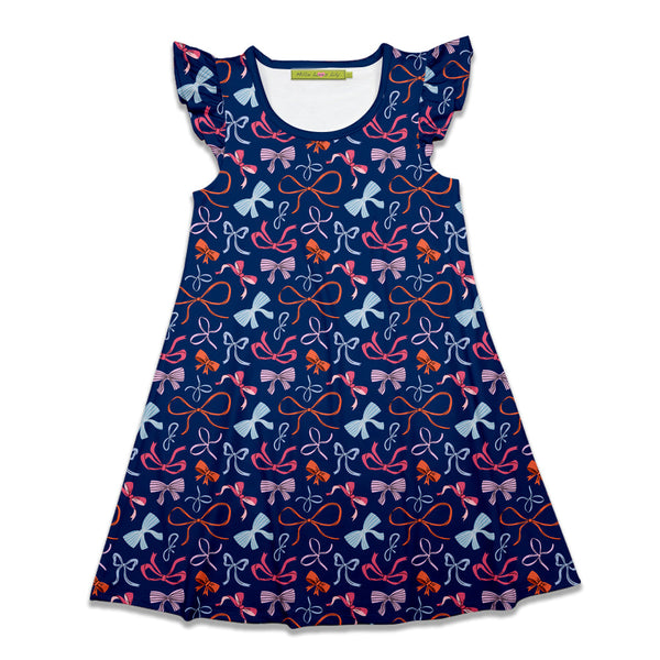 Navy Bows Angel-Sleeve A-Line Dress