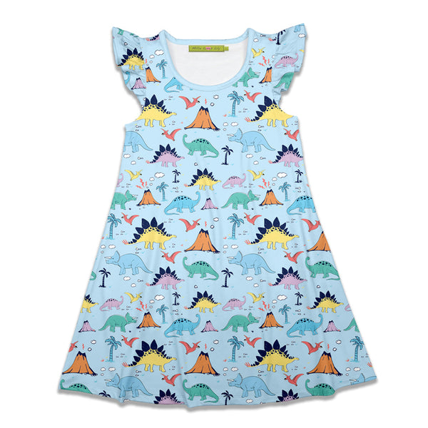 Ice Blue Dino Angel-Sleeve A-Line Dress