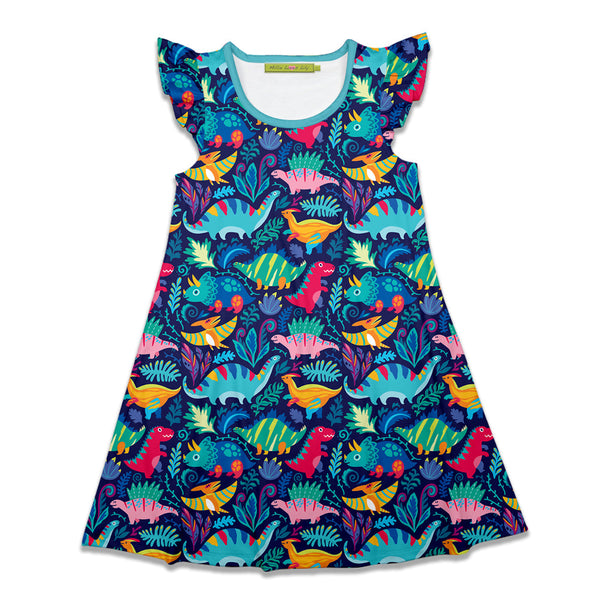 Turquoise Dino Dynamic Angel-Sleeve A-Line Dress