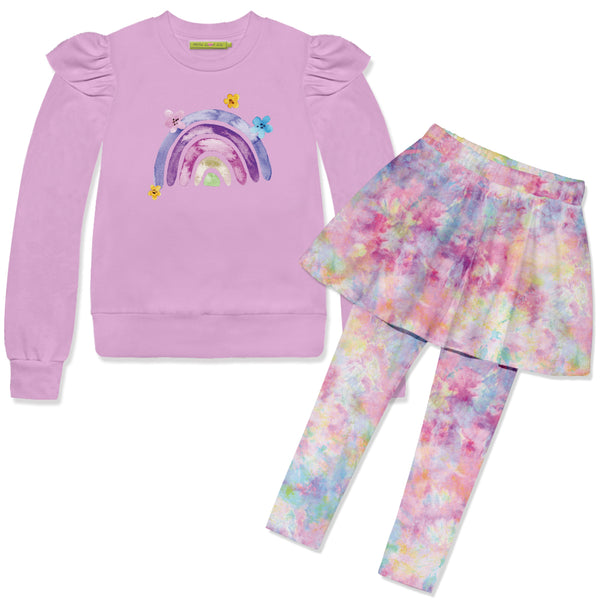 Lilac Rainbow Sweatshirt & Candy Tie-Dye Skirted Leggings