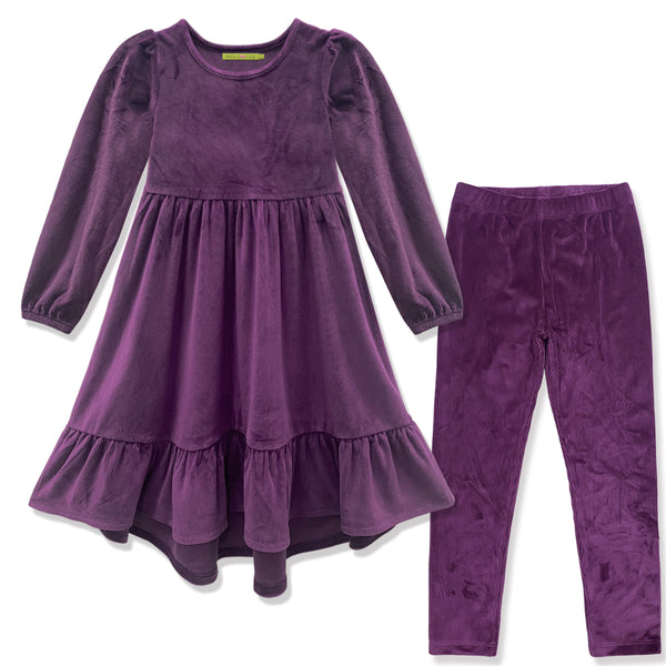 Plum Ribbed Velour Long-Sleeve Midi Dress & Leggings
