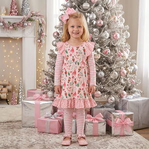Kids Pink Christmas Nutcracker Dress & Stripe Leggings