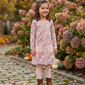 A young girl wearing an a deer and floral printed a-line dress with patch pockets  and matching stripe leggings