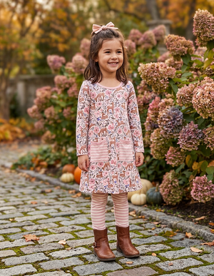 A young girl wearing an a deer and floral printed a-line dress with patch pockets  and matching stripe leggings