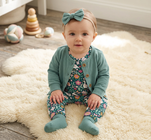Kids Teal Ducks Cap-Sleeve Playsuit & Nile Blue Cardigan