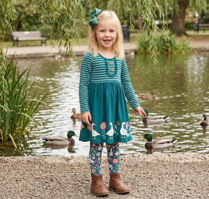 Kids Teal Ducks Border Button-Accent A-Line Dress & Ducks Leggings
