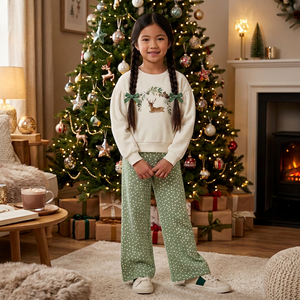 Kids Cream Velour Sweatshirt & Sage Dot Wide-Leg Pants
