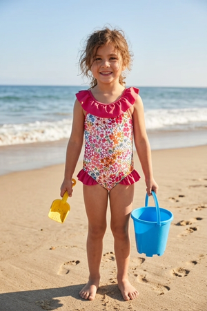 Millie Loves Lily Girls Coral Floral 1-pc Swimsuit UPF 50+