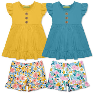 Girls 4-PC yellow and turquoise tops and printed ruffle shorts set on a white background, front