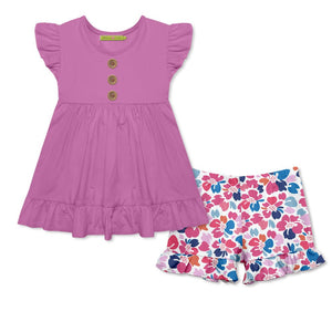 Girls Violet Angel Sleeve Top &  Floral print short set on a white background, front