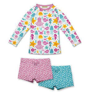 Girls Turq & Pink Ocean Wonder Long - Sleeve Rashguard Set, 3 - pcs on a white background, front UPF 50+ - Millieloveslily.com