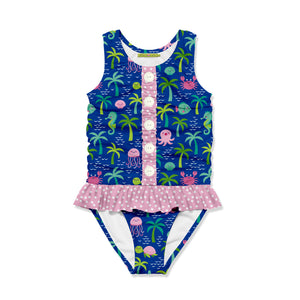 Girls 1-pc blue island themed ruffle front swimsuit on a white background, front.