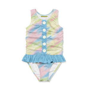 Girls light blue clouds tie dye ruffle front 1-PC swimsuit on a white background, front.