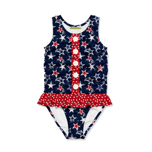 Girls 1-pc navy star patterned swimsuit on a white background, front.