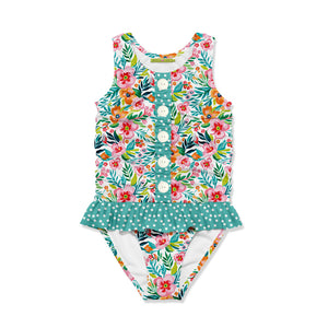 Girls 1-pc white summer bloom ruffle front swimsuit on a white background,front.