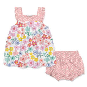 Girls 2-pc coral floral print top & diaper cover set on a white background, front.