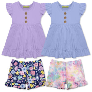 Girls 4 PC  Orchid & Periwinkle Tops & Printed Shorts Set on a white background, front
