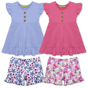 Girls  4-PC Periwinkle & Fuchsia Perfect Petal Floral Top & Short Set, on a white background, front