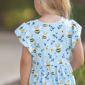 Girls Blue Happy Bee 2-Pocket Dress, on a white background, front