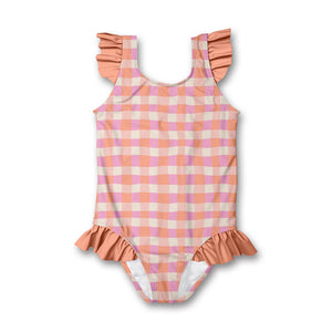 Girls Pink and orange checkered one-piece swimsuit with ruffled details on a white background, front