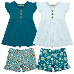 Kids 4-pc short set -a teal and a blue cotton top and floral printed ruffle shorts on a white background