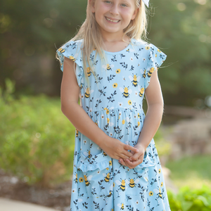 Girls Blue Happy Bee 2-Pocket Dress, on a white background, front