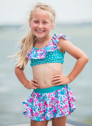Millie Loves Lily Girls Turquoise Water World 2 - pc Ruffle Swimsuit, 2 - pcs, UPF 50+ - Millieloveslily.com