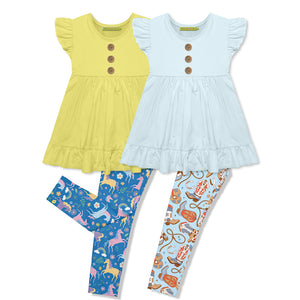 Two children's outfits with yellow and light blue tops and patterned leggings on a white background, front