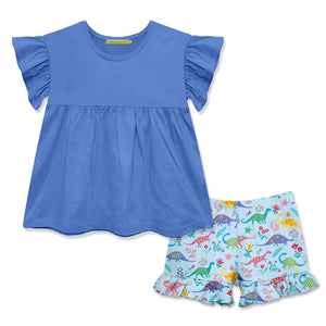 Girls blue top with ruffle detail and matching dinosaur themed shorts, front.
