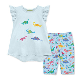 Girls blue dinosaur themed top and bike shorts on a white background, front