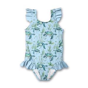 Girls one-piece swimsuit with turtle and sea plant pattern on a light blue background, front