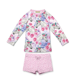 Girls Pink Horses & Roses Long Sleeve Rashguard and dot swimshort Set on a white background, front