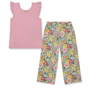 Girls pink ribbed top with ruffle detail and matching floral wide-leg pants on a white background , front.