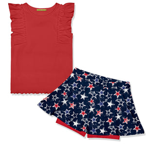 Girls red ribbed top with ruffle detail and matching stars printed  skort on a white background, front.