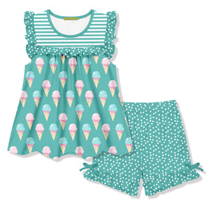 Girls turquoise top and short set with ice cream cone themed print on a white background, front 