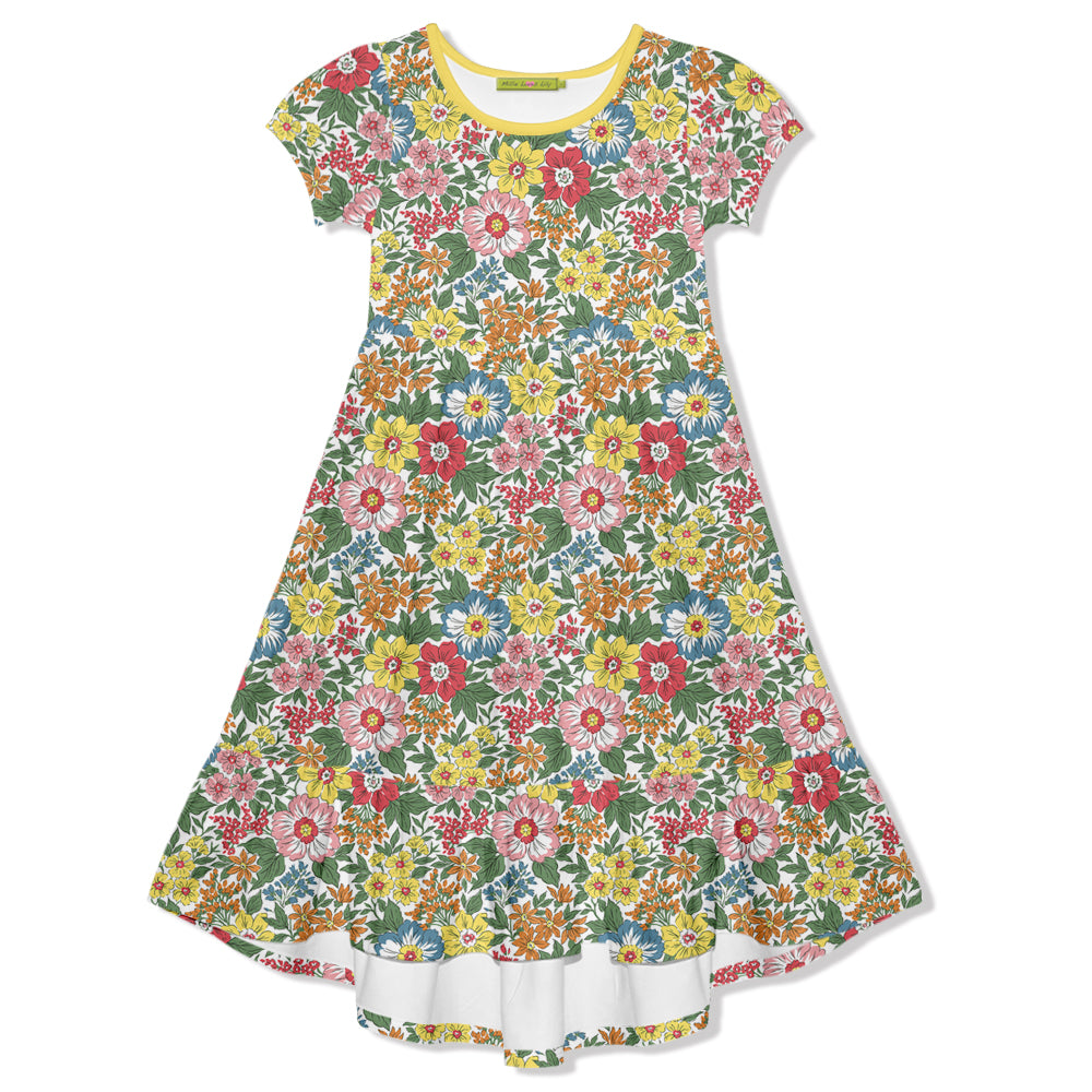 Girls yellow floral short sleeve midi-length dress on a white background, front.