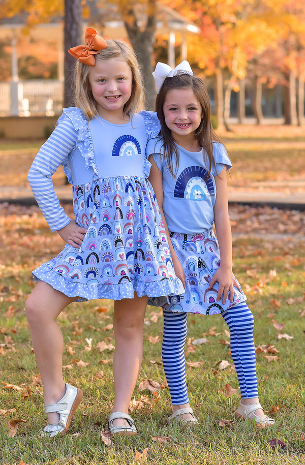 Periwinkle Tulip-Sleeve Top & Rainbow Hearts Skirted Leggings