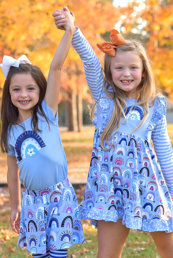 Periwinkle Tulip-Sleeve Top & Rainbow Hearts Skirted Leggings