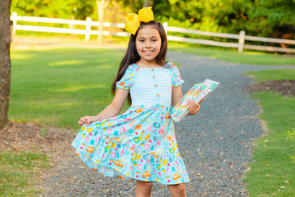 Kids Light Blue School Supplies Ruffle-Hem A-Line Dress