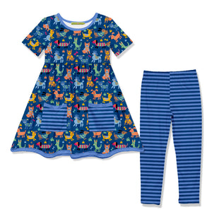 Kids Blue Doggies Pocket A-Line Dress & Stripe Leggings